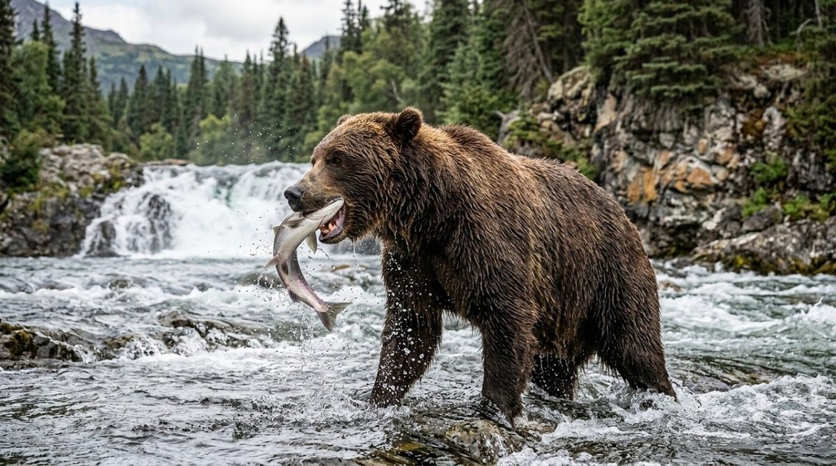 bear, grizzly, river, salmon, fishing, waterfall, current, water, wilderness, hunting, paw, jaw, alaska, power, claw, nature, splash, standing, bear fur