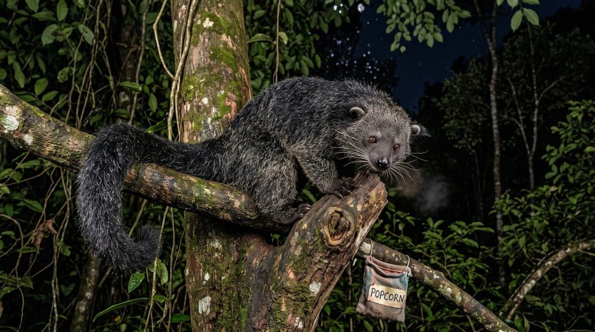 binturong, bearcat, tail, prehensile tail, tree, jungle, shaggy fur, whiskers, night, canopy, exotic, popcorn, rainforest, nocturnal animal, wildlife, forest, green, fascinating, nature, fauna