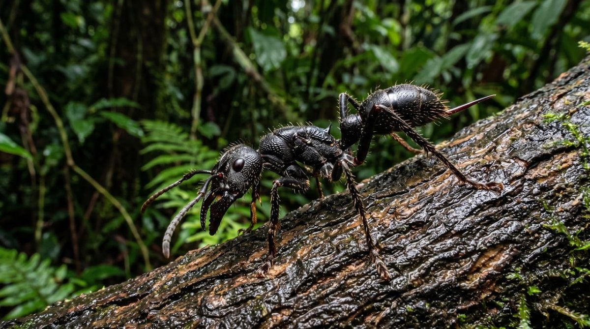ant, bullet ant, sting, jaw, tree bark, rainforest, jungle, dangerous, toxic, armor, black, predator, macro photography, ant jaws, ant sting, nature, venom glands, symbiotic, ecosystem, protective, environment