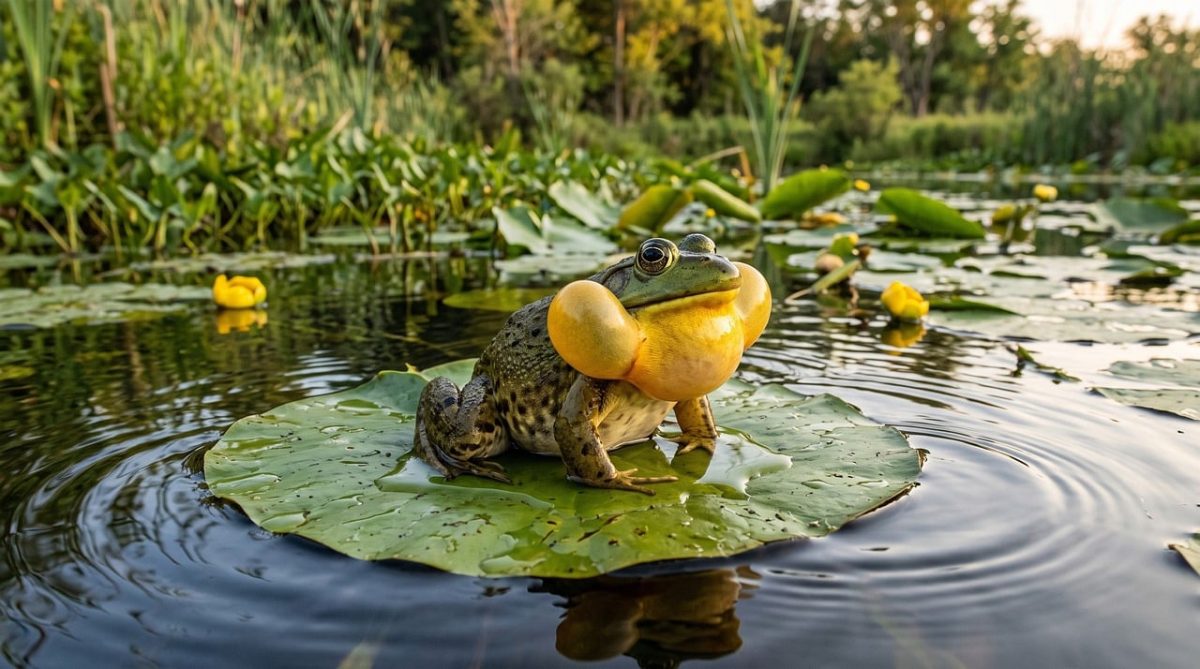 frog, vocal sac, pond, lily pad, summer, aquatic plant, edge of pond, green, nature, biotope, bullfrog, marsh, wet, wide view, reeds, water surface, in, amidst, frog croak, environment