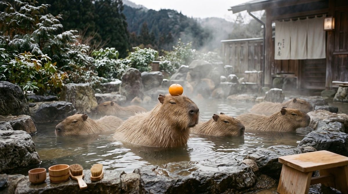 capybara, giant rodent, pool, japanese hot spring, nature, water, orange, relaxation, cute, japan, steam, peaceful, group, hot tub, relax, asian culture, outdoor bath, zen, thermal, harmony, wellness, meditation