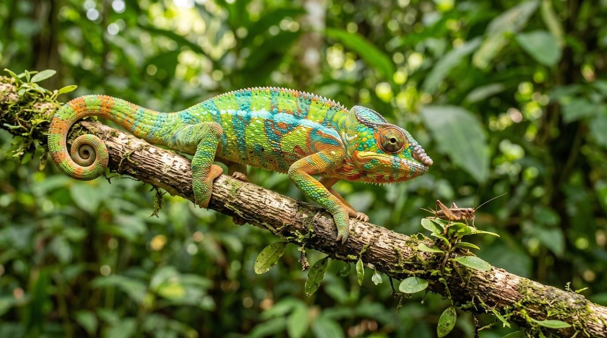 chameleon, lizard, reptile, branch, color change, green, camouflage, eyes, tail, skin, pattern, tropical, exotic, hunting, insect, jungle, alert, ecosystem, nature, wild, habitat