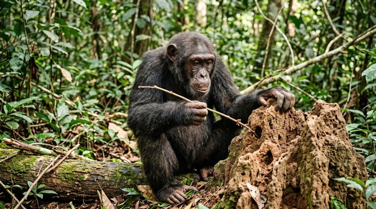 chimpanzee, tool, termites, forest, primate, intelligence, behavior, feeding, stick, log, green plants, leaves, nature, chimpanzee intelligence, ecosystem, native habitat, chimpanzee tool, tool use, forest environment