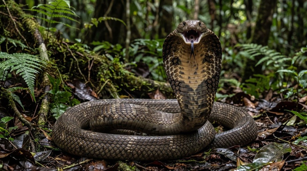 cobra, king cobra, snake, hood, scales, hiss, strike, dangerous, venomous, reptile, jungle, pattern, defense, alert, coiled, strike stance, wild, landscape, nature, animal