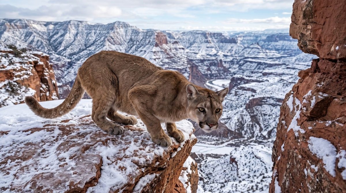 puma, mountain lion, snow, winter, nature, canyon, predator, comfort, alert, stealth, hunting, fur, shine, descend, panorama, wilderness, rock, peak, steel, wild