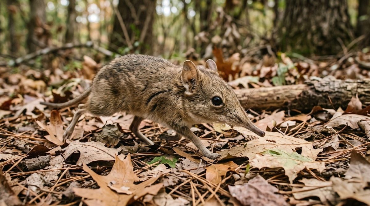 elephant shrew, dry forest, leaves on ground, sniffing, ants, snout, movement, nature, animal, mammal, fast, tiny, twitching, foraging, insectivore, environment, wild animal, fauna, narrow path