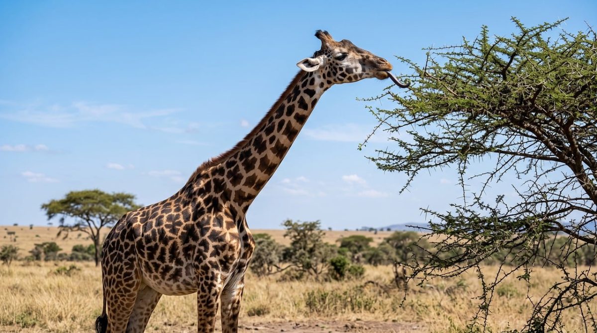 giraffe, acacia, tree, height, neck, tongue, leaves, savannah, africa, safari, spots, feeding, blue sky, herbivore, wildlife, nature, thorns, extension, strip, grasslands, food