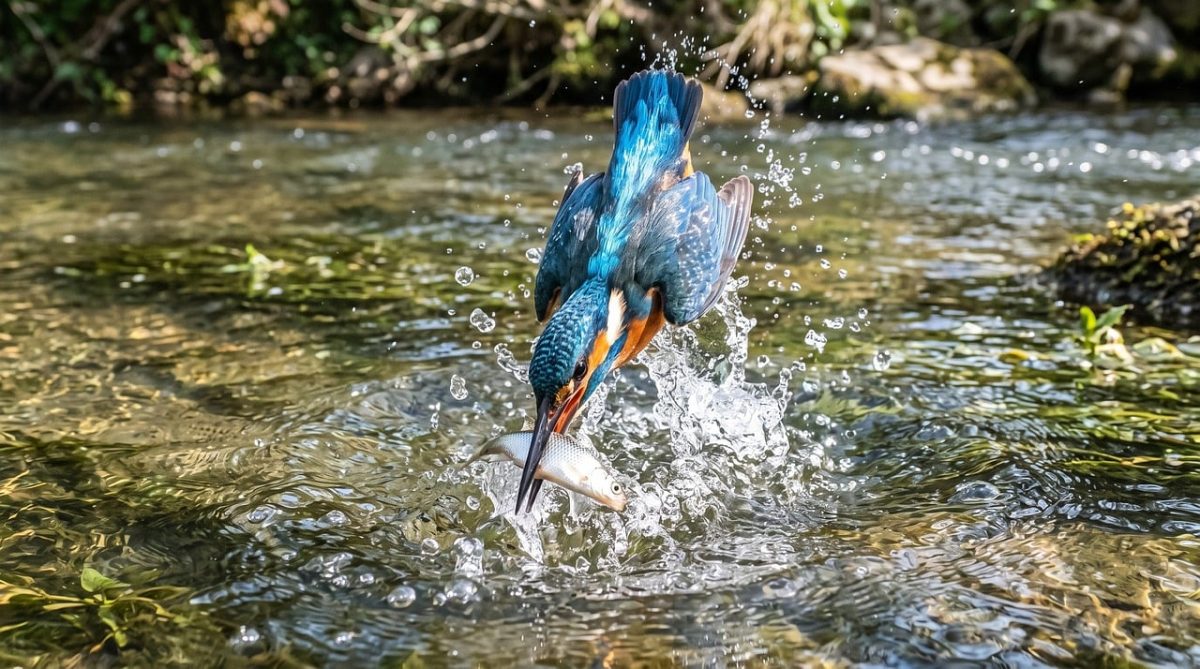kingfisher, bird, diving, water, river, fish, splash, hunting, feathers, blue, orange, speed, precision, beak, underwater, catch, wildlife, animal, capture, nature, natural world