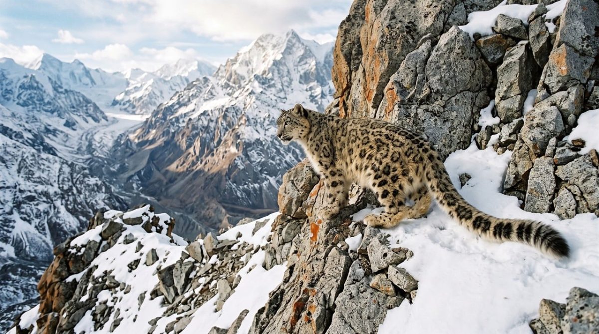 snow leopard, mountains, cliffs, rocks, snow, winter, camouflage, himalaya, predator, thick fur, wilderness, landscape, survival, nature, distance, carnivorous, sky, views, cold