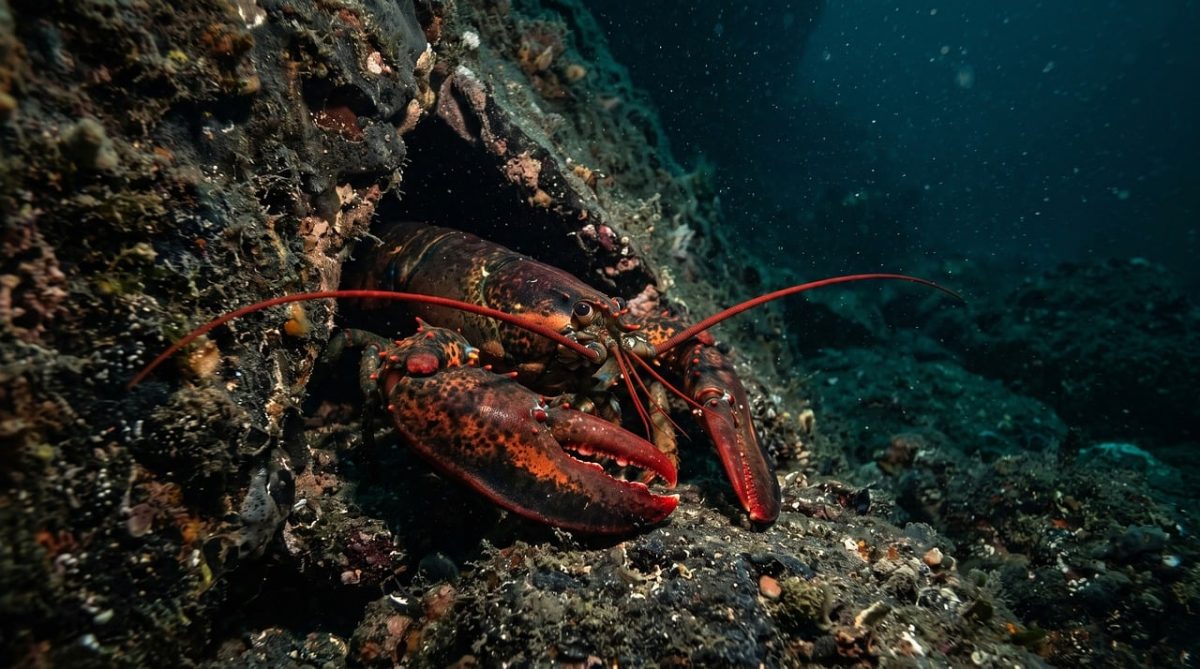lobster, claws, ocean, cave, deep water, seabed, feelers, nature, shell, red, marine, reef, hide, crustacean, antennae, rocky, outcropping, night, ocean current, crevice