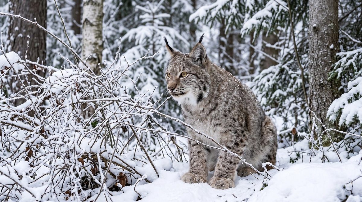 lynx, eurasian lynx, tufted ears, animal, snow, winter, paws, forest, cat, predator, eyes, camouflage, cold, brush, pet, whiskers, natural habitat, frost, snowfall, wildlife, nature, carnivore