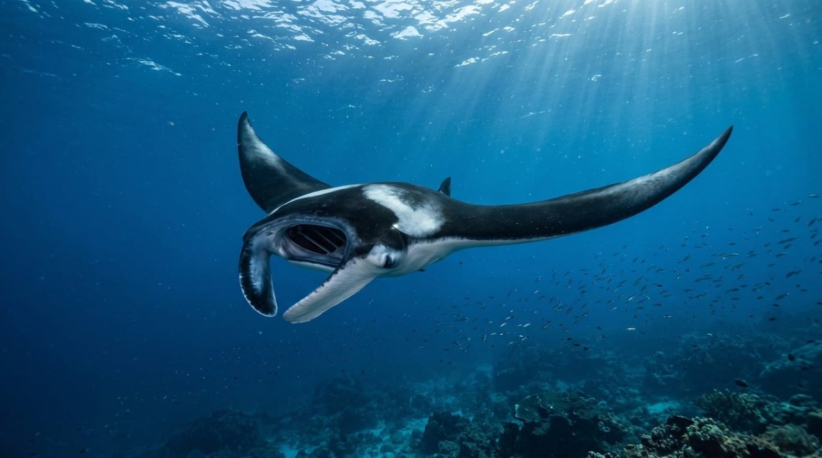 manta, ocean, ray, glide, wings, underwater, filter feeder, deep blue, floating, gentle, majestic, marine life, giant, beauty, peaceful, water, black, white, stealth, nature