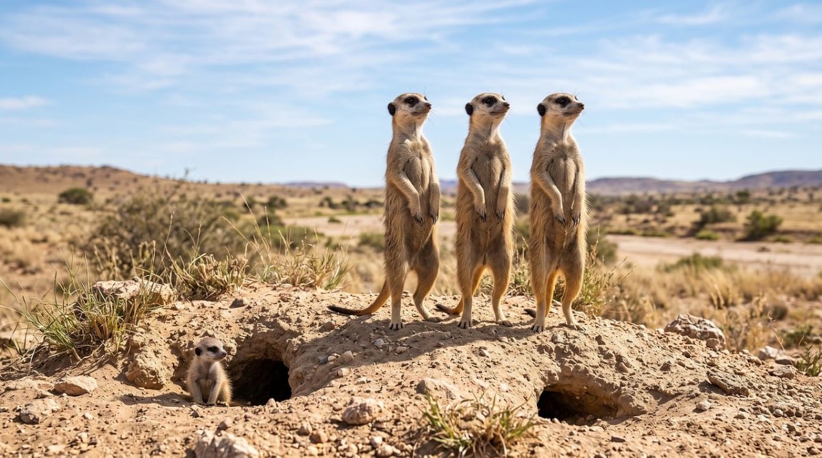 meerkat, desert, colony, alert, standing, nature, safari, hole, pup, outback, wild, lookout, sand, animal, eyes, sentry, family, east african, patrol, inland, community