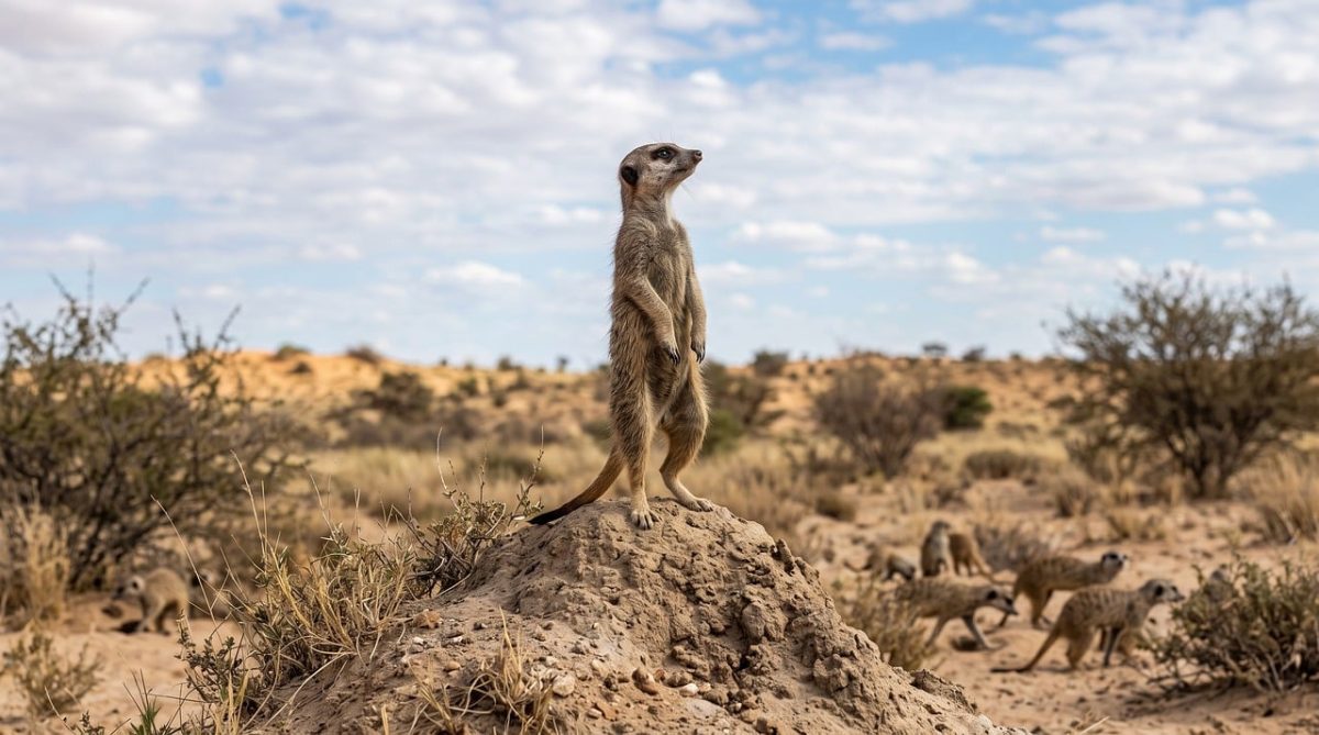 meerkat, desert, nature, sentry, kalahari, stand, colony, warning, guard, posture, mammal, animal group, rock formation, bush, day time, watch post, arid, look, ecosystem, open landscape