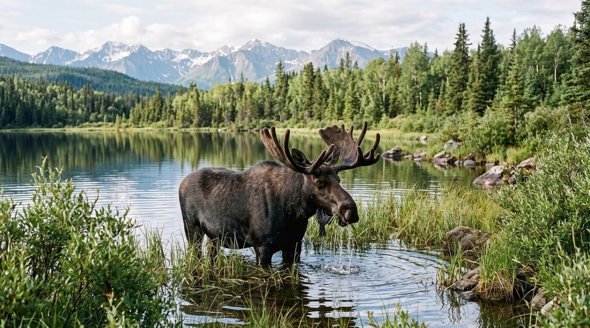 moose, lake, antlers, river, forest, mountain, grass, nature, wilderness, feeding, alaska, canada, wading, swamp, calm, reflection, scenery, light, shed