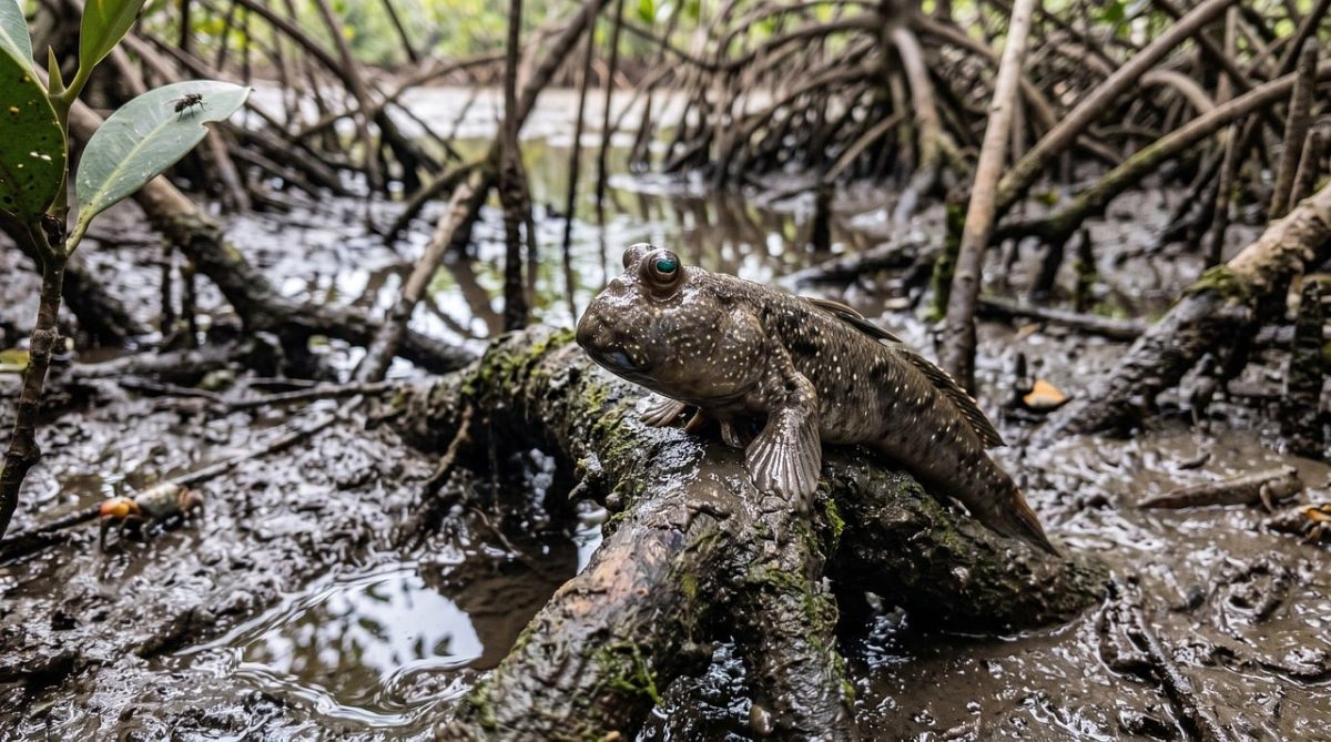 mudskipper, fish, swamp, mud, fins, mangrove, tide, water, root, predator, eyes, blink, amphibious, coastal, ecosystem, nature, lifestyle, species diversity, natural habitat