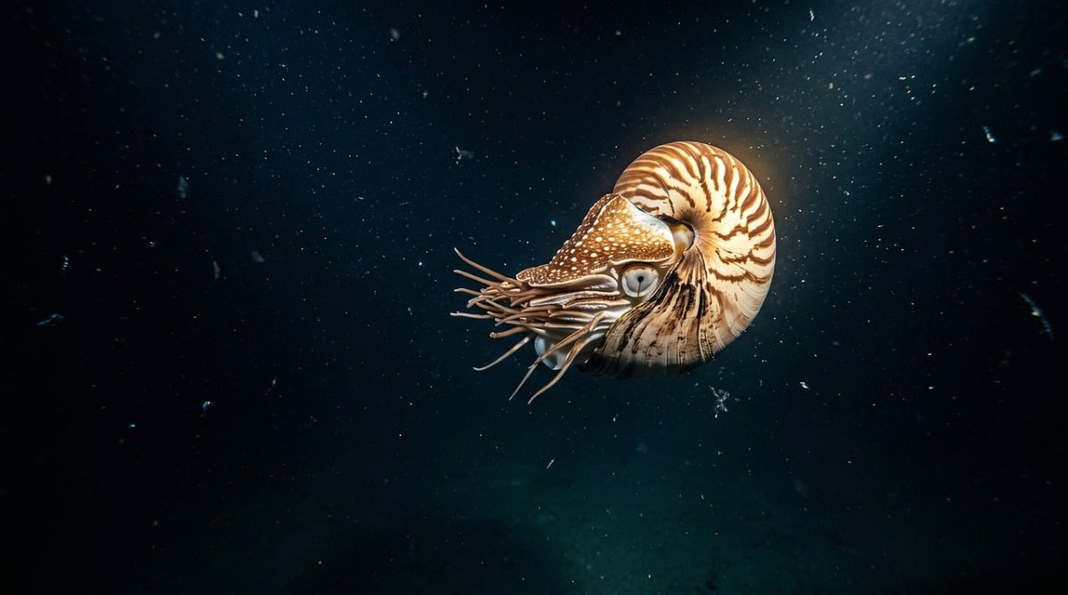 nautilus, shell, spiral, deep sea, chambered, tentacle, ancient, abyss, floating, marine life, rare, evolution, natural light, ocean, striped, submarine light, depth, ancestor, biology, nature