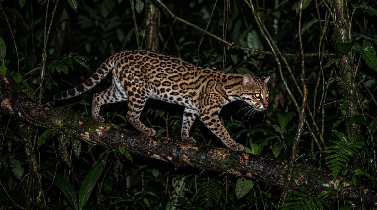 ocelot, pet, cat, spots, pattern, jungle, nature, rainforest, night, nocturnal, eyes, glow, stealth, predator, branch, forest, biotope, foliage, animal, wilderness, shoulder height, exotic, mysterious, natural