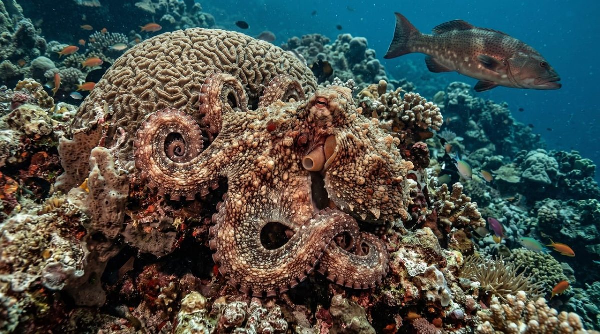 octopus, coral reef, camouflage, coral, color change, texture, marine life, tentacles, suction cups, ocean, clever, underwater, nature, deep, mysterious, unique, anatomy, wonder, shading, environment, natural