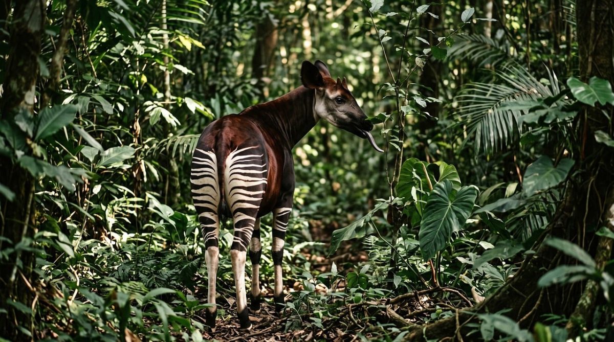 okapi, forest giraffe, rainforest, rare, stripes, leaves, congo forest, zebra, jungle, mysterious, pattern, long tongue, nature, wilderness, natural habitat, green, african, delicate, climate change