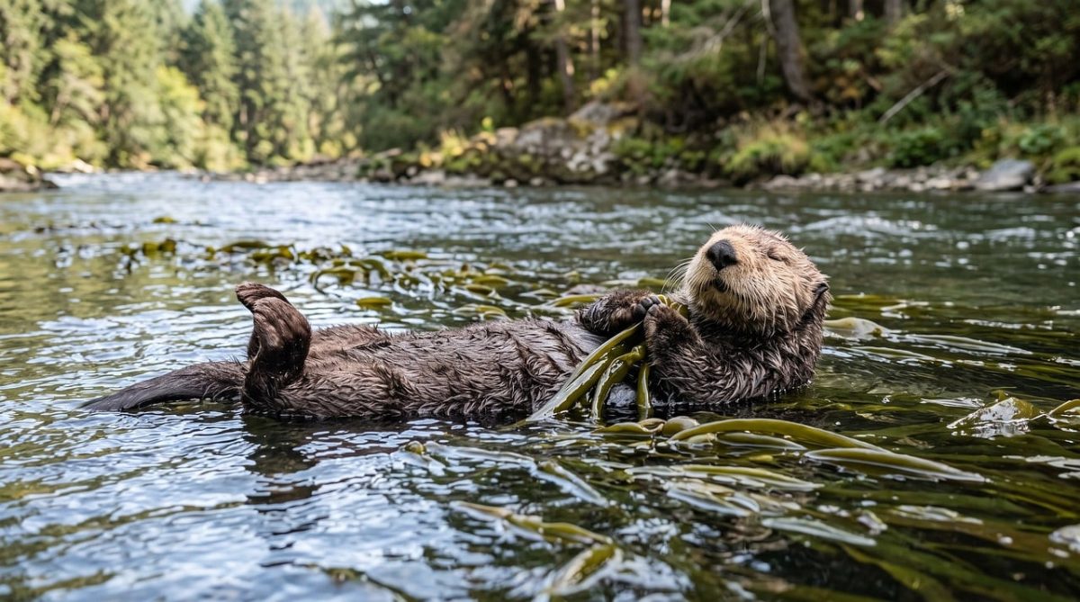otter, sea otter, river, floating, back, water, kelp, cute, paws, holding hands, stream, fur, wet, playful, nature, resting, furry, aquatic animal behavior, forest river, resting area