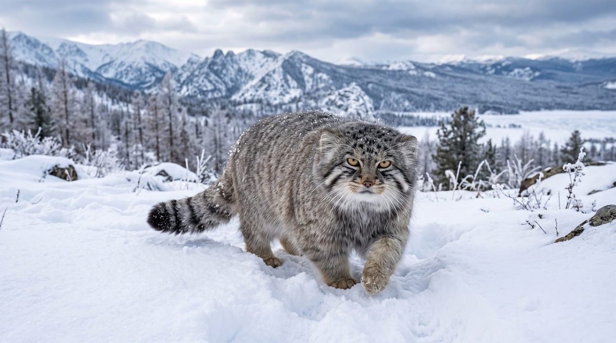 pallas cat, snow, mountain, wild cat, winter landscape, altai, paws, animal portrait, wild, blurred background, sky, rugged, beautiful undisturbed, fluffy, vast landscape, nature, gray color, fur animal