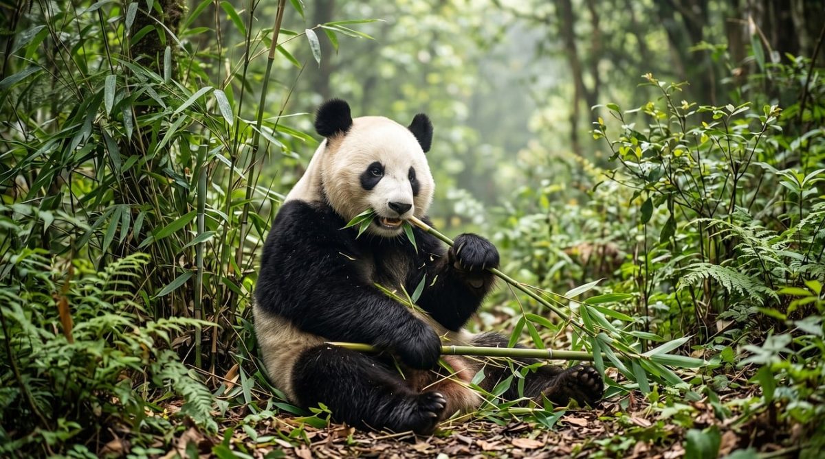 panda, bamboo, chewing, forest, china, cute, leaves, nature, conservation, endangered, black and white, sitting, bear, gourmet, peaceful, flora, jaw, branch, feeding, mammal, white stripe