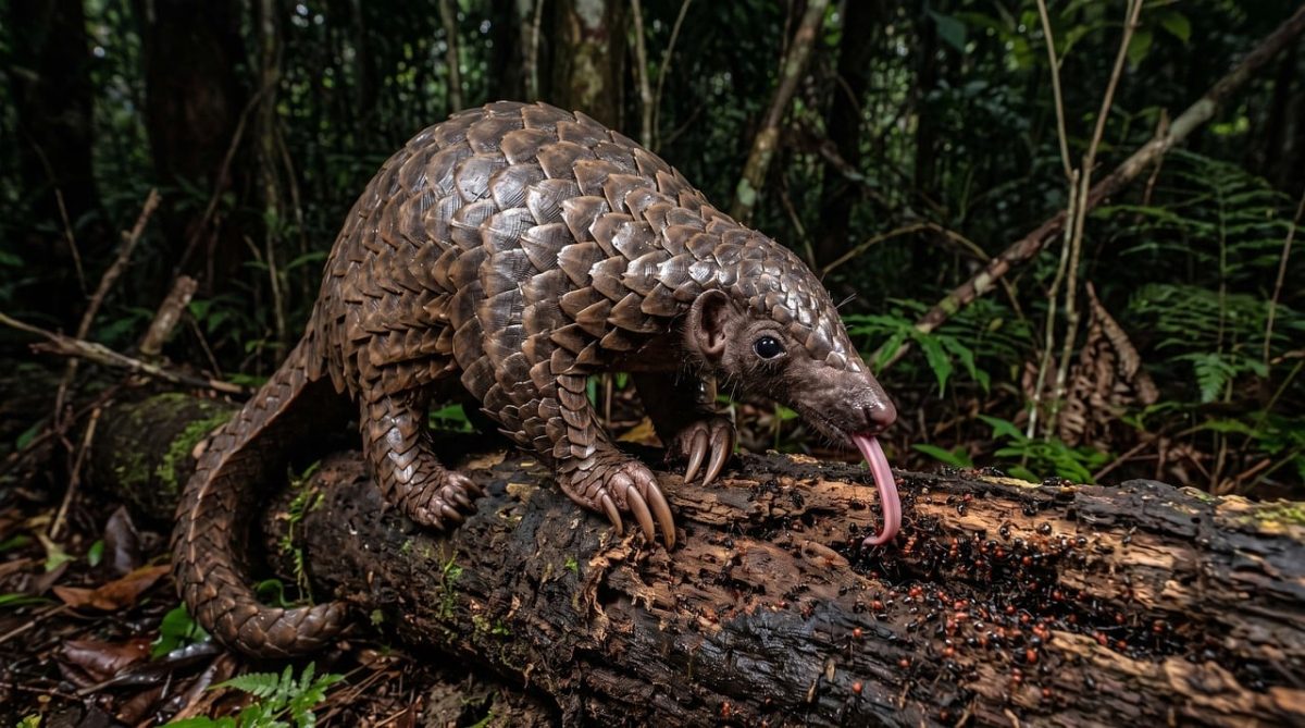pangolin, scales, forest, armor, ant, log, claw, tail, endangered, nocturnal, tongue, unique, protection, animal, insect, nature, insectivore, endangered species, natural habitat, threat