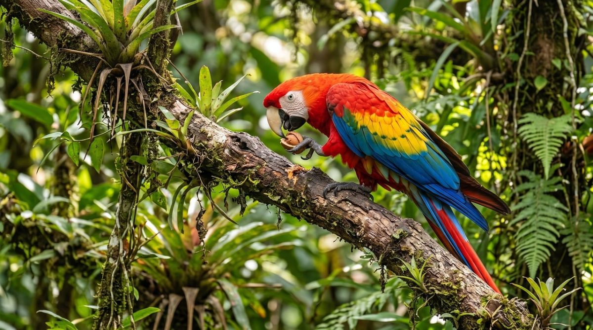 parrot, macaw, scarlet macaw, red, yellow, blue, feathers, jungle, rainforest, branch, beak, exotic, colorful, tropical, bird, eating, foliage, nature, animal, wild
