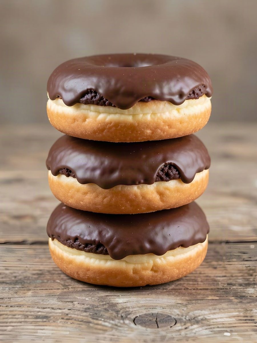 donut, chocolate, sweet, glaze, treat, baked, delicious, dessert, snack, confectionery, bakery, fresh, tasty, sweets, three layers, wood background, food photography, quick bite, favorite, pastry