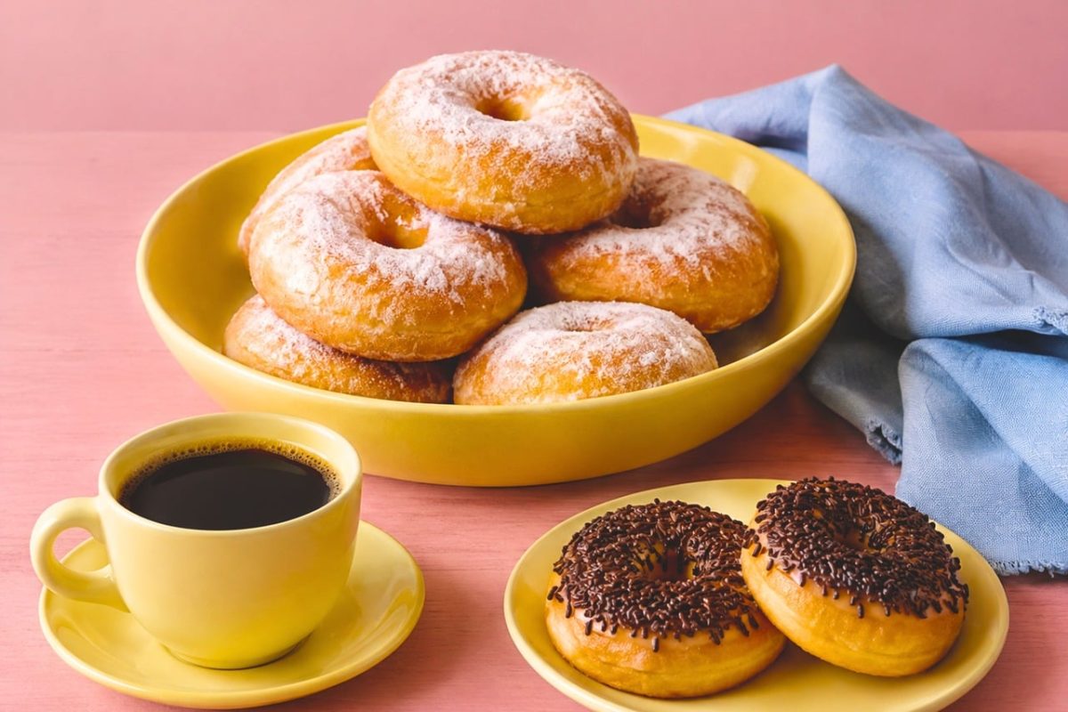 donuts, chocolate sprinkles, yellow dishes, sweet treat, breakfast, pastry, cup of coffee, snack, indonesian pastry, coffee beverage, powdered sugar, cake, serving platter, baking, homemade, blue fabric, fresh, dessert