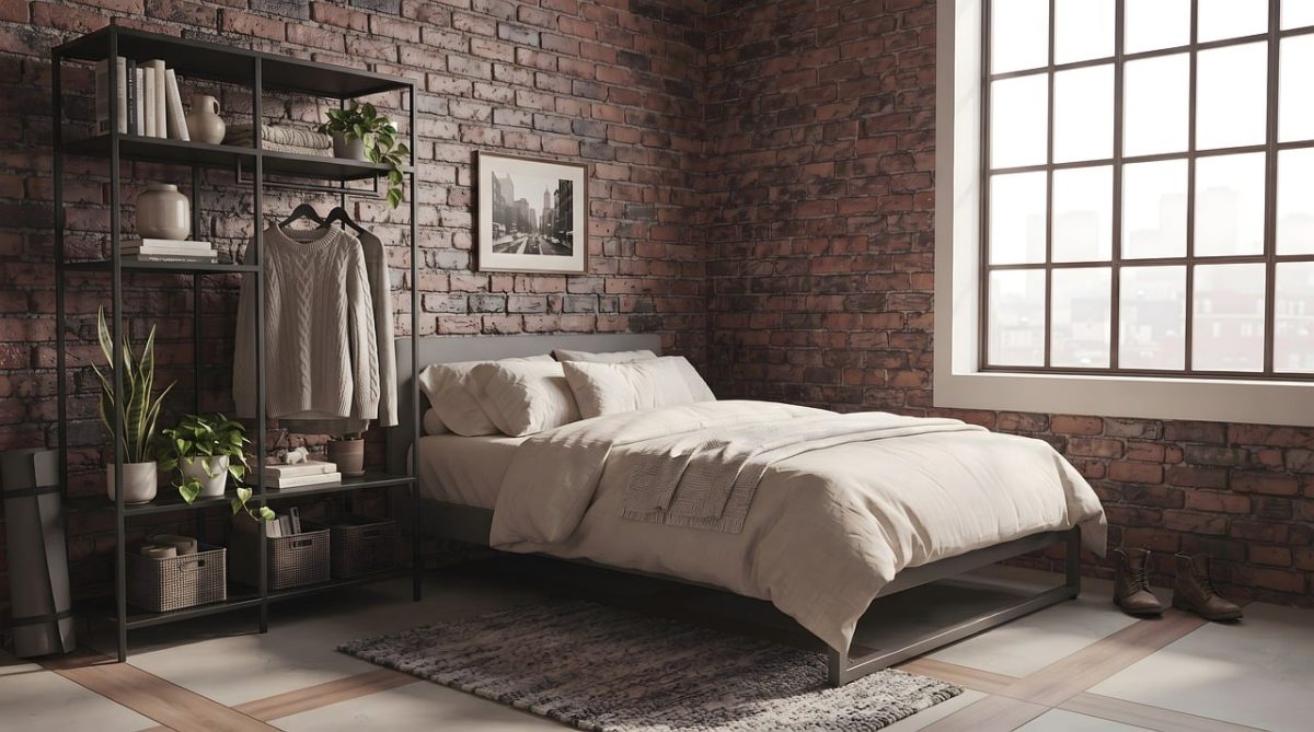 bedroom, industrial, brick wall, modern, furniture, decor, loft, minimalist, cozy, home, design, shelving, window, carpet, bedding, cushions, windowsill, light, green plants, painting