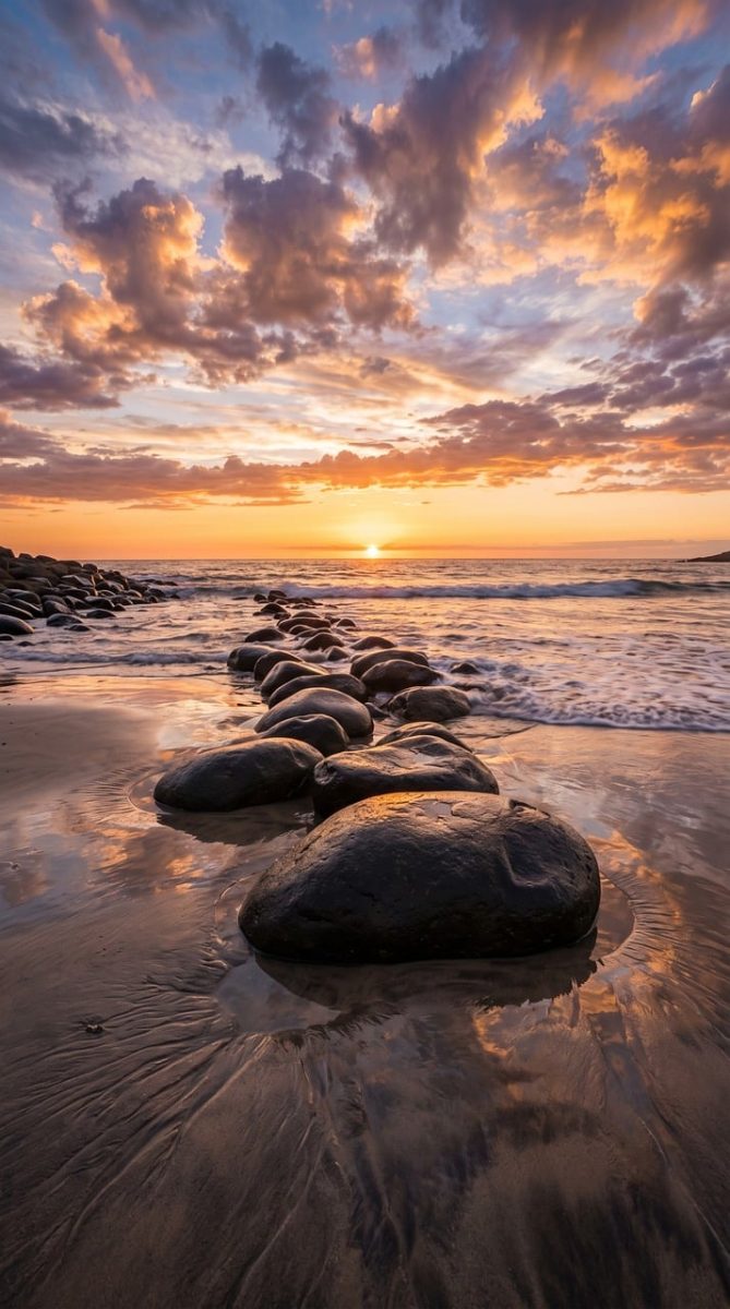 sunset, beach, clouds, stones, sea, sand, reflections, last light, nature, silence, tranquility, influx, warm colors, relaxed, picturesque, view, aesthetic, tide, summer evening