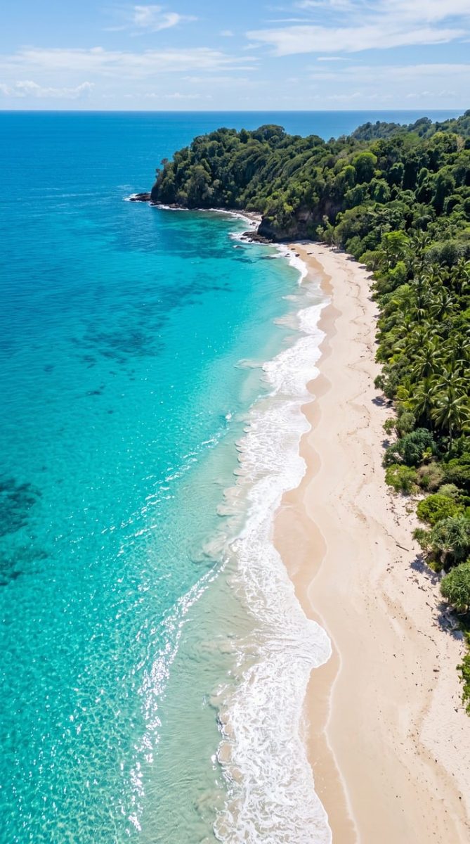 beach, sea water, crystal clear water, sandy shore, coastline, summer landscape, tropical, tropical forest, serenity, tourism, nature, viewpoint, vacation, blue sky, resort, swaying trees, seaside paradise, sunny day, tourist destination