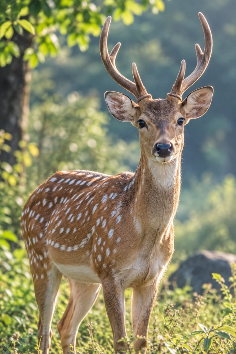 deer, animal, nature, forest, antlers, green, natural, wild, mammal, juvenile, grazing animal, summer, blurred background, lush vegetation, graceful, beautiful, daylight, animal kingdom, hoofed, curious, feeding