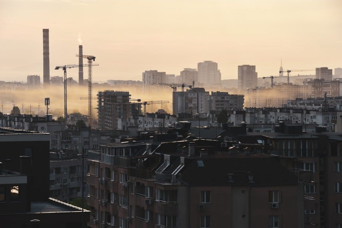 city, sky, buildings, crane, apartments, urbanism, smog, pollution, industry, smoke, construction, work, concrete, morning, dawn, fog, environment, metropolis, industrialization