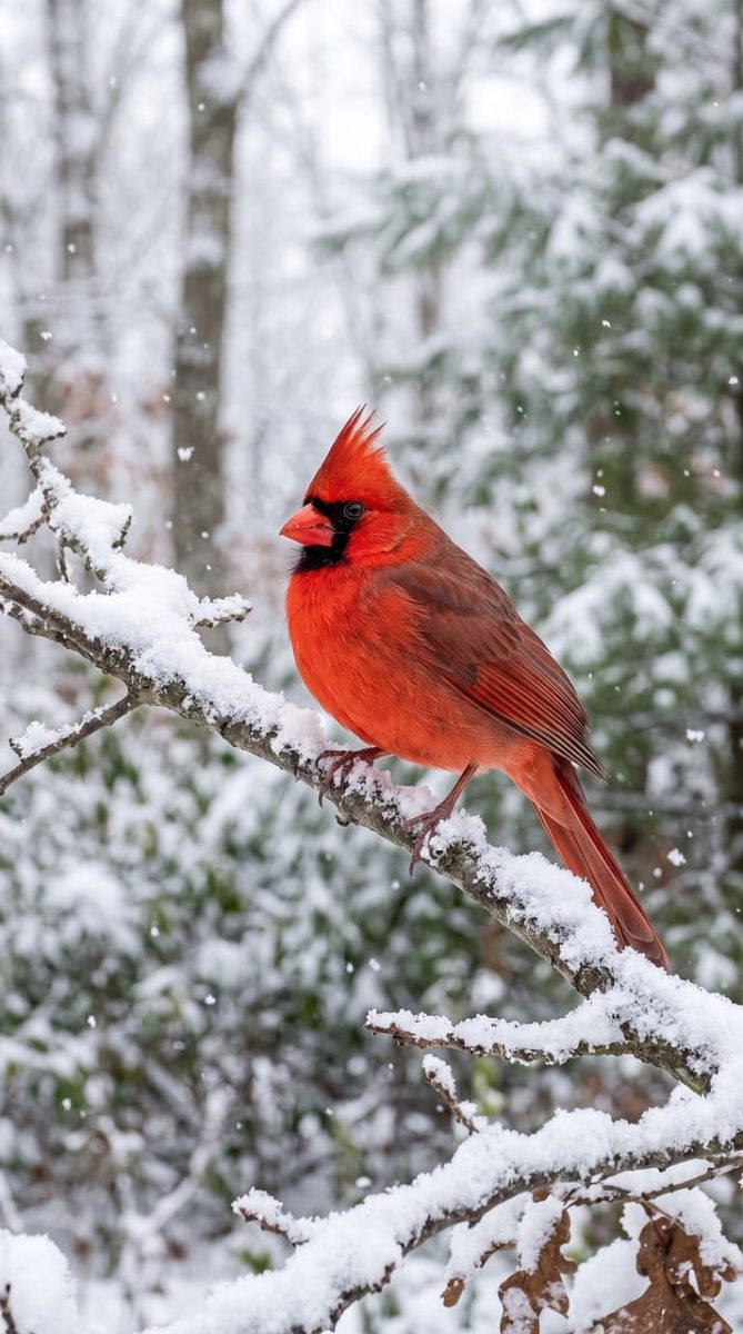 bird, red, cardinal, snow, winter, branch, tree, forest, animal, nature, wild, feather, cold, wintry, wildlife, natural, wood, sky, white