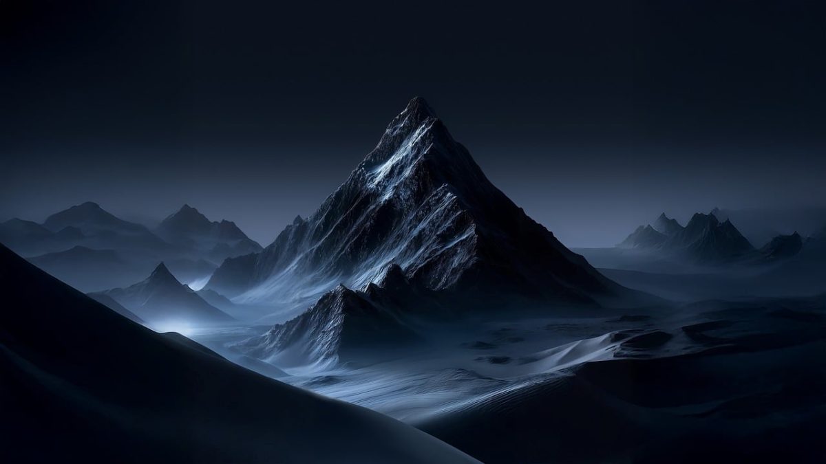 mountains, drama, dark, snow, night landscape, serenity, grandeur, winter landscape, isolation, remote, natural, lonely, peaceful, mist, mountain peak, nature, shadows, rugged terrain, cold, wilderness