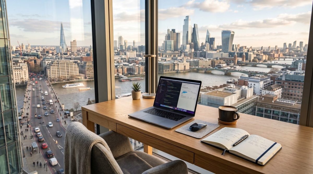 london, office, remote work, view, laptop, coffee cup, day, business, workspace, river, skyscraper, urban, desk, lighting, nature, daylight, sense of calm, reading, diary, outdoor view