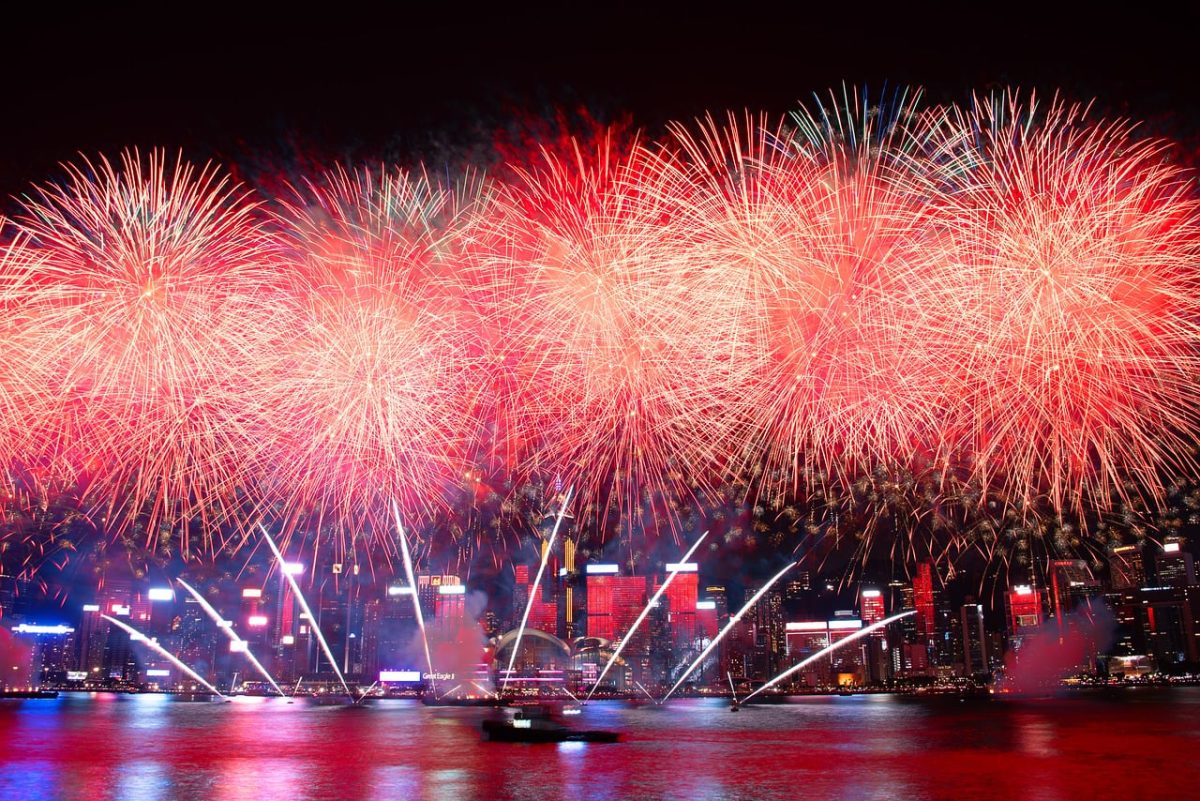 fireworks, hong kong, city, cityscape, skyline, night, asian, skyscraper, buildings, river, water, red fireworks, reflection, illuminated building, night sky, new year fireworks, celebration, tourist attraction, nature, party celebration, spectacular fireworks, urban night