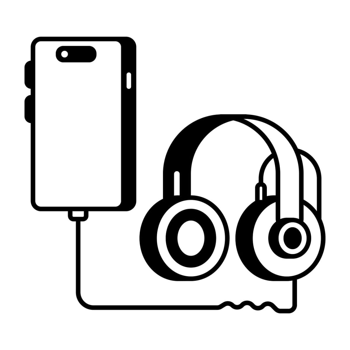 headphones, smartphone, mobile phone, technology, mobile device, wired headphones, icon, black and white, minimalist design, music, listening, interactive, connection, entertainment, gadget, cable, digital, tool, device, communication