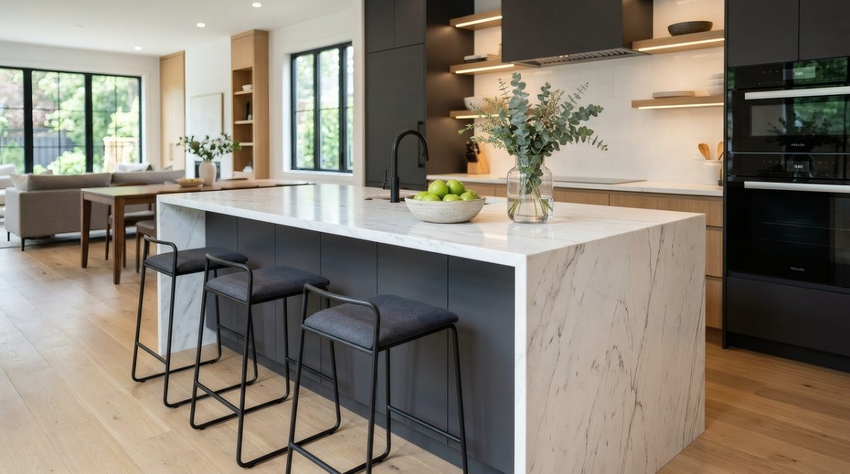 marble kitchen countertop, black kitchen stools, modern black cabinets, eucalyptus in glass vase, minimalist kitchen design, luxury kitchen interior, built-in kitchen appliances, open plan living area, marble breakfast bar, black kitchen faucet, bowl of green apples, wooden kitchen shelves, light wood flooring, contemporary home styling, residential architecture, modern interior design, domestic kitchen, home renovation, clean aesthetic, luxury living
