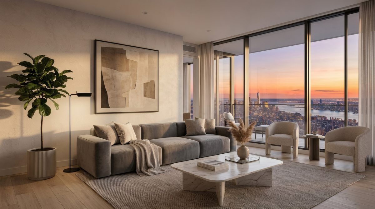 luxury apartment, city panorama, view of manhattan, floor-to-ceiling windows, gray sofa, marble coffee table, fiddle leaf fig, abstract art, modern interior, golden hour, wall art, vase with pampas grass, high-rise building, comfortable living room, urban lifestyle, minimalist design, high-quality furniture, designer furniture, silhouette