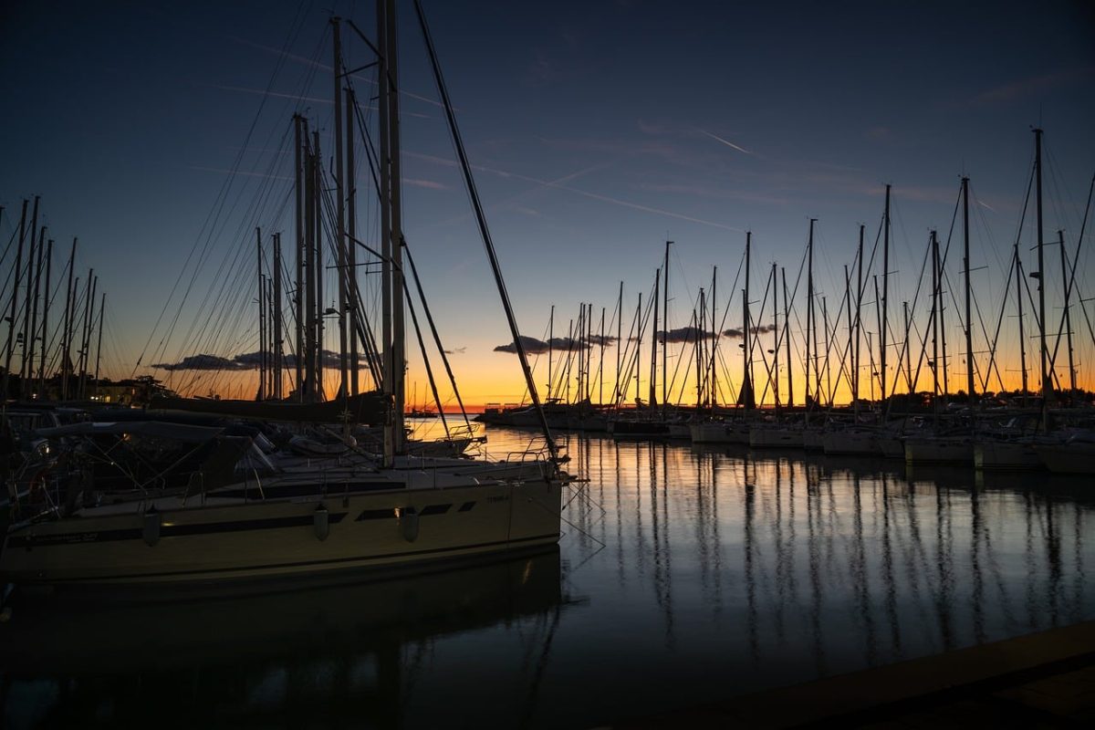 sunset, nature, sailboat, sea, boat, water, port, ocean, lonely, harbor, sailing, masts, horizon, ship mast, evening scene, sun in sky, cliff, path, reflection, environment, transport, Novigrad, Istria County, Croatia