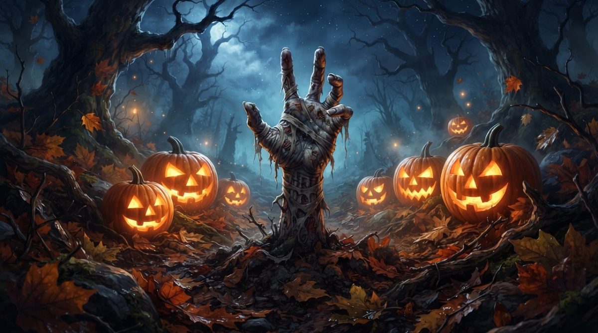 halloween, pumpkin, spooky forest, jack-o'-lantern, dark night, dead hand, deciduous forest, moonlight, autumn, eerie, nature, leaves, autumn leaves, landscape, haunting, night, fantasy, mysterious, creepy scene, mystery, horror