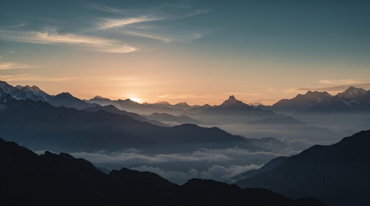 mountains, clouds, peaks, dawn, himalayas, landscape, alpine, mist, horizon, nature, wilderness, summits, sky, blue, blue sky, morning, altitude, range, outdoor, tranquility, scenic, snow