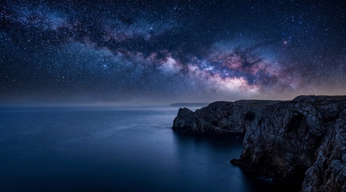 cliffs, ocean, night, milky way, stars, galaxy, rocks, astrophotography, nature, landscape, adventure, seascape, cosmos, stardust, horizon, darkness, shoreline, coast, blue