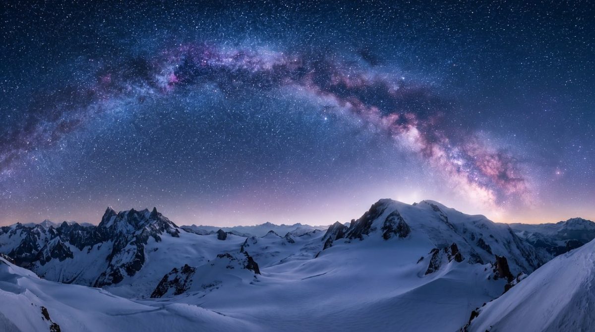 milky way, stars, mountains, winter, panorama, galaxy, snow, astronomy, cosmos, astrophotography, darkness, nature, landscape, space, alps, constellation, frozen, chilly