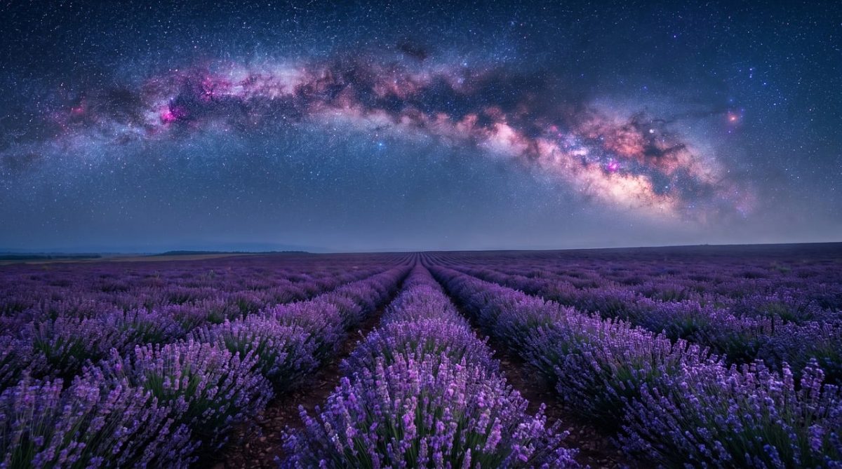 lavender, milky way, night, flowers, astrophotography, galaxy, flower wallpaper, flower background, beautiful flowers, stars, purple, nature, landscape, panorama, scenic, summer, agriculture, dark sky, horizon, blooming, night sky, stardust, field