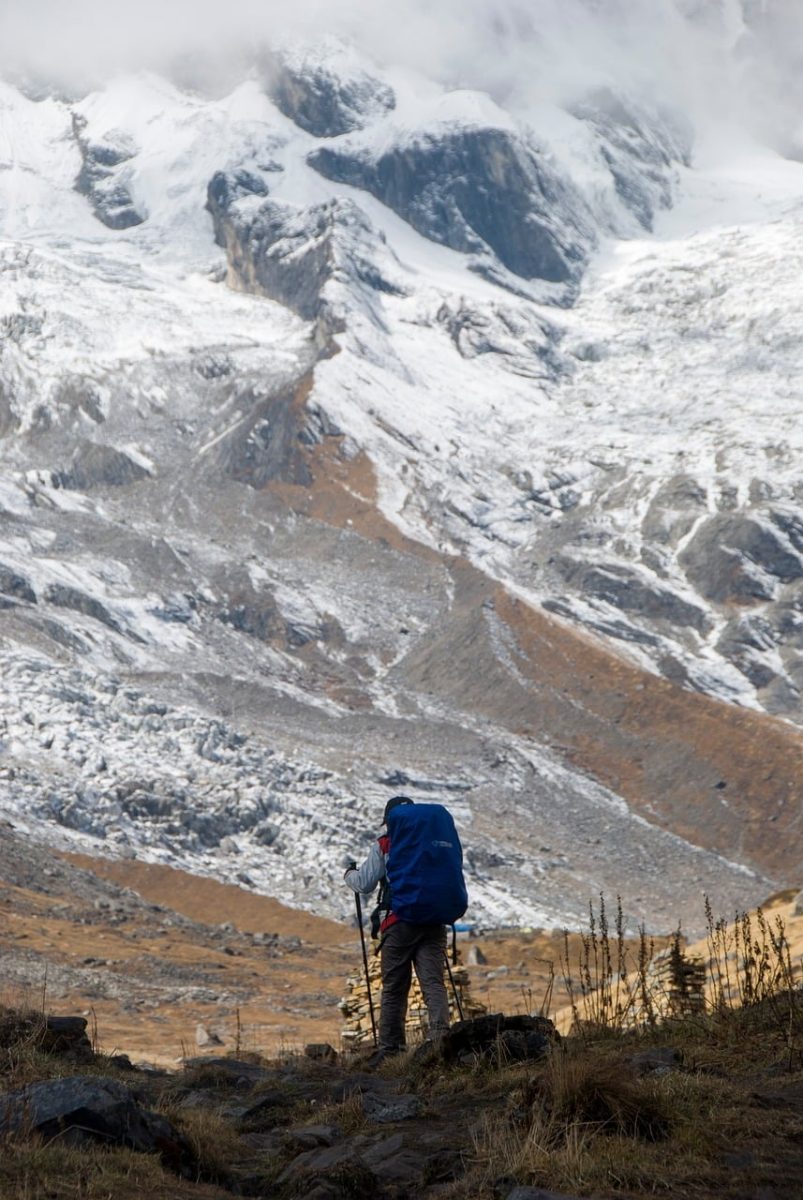 nepal, abc trek, annapurna, base camp, hiking, trekking, nature, mountains, snow, alpine, backpacker, trekking poles, snow peak, adventure, wilderness, tourist, outdoor, cairn, backpack, trail, winter